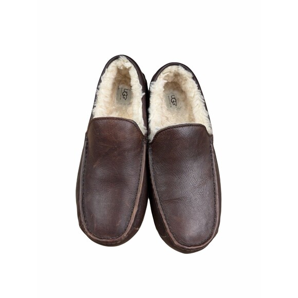 UGG Men\'s Ascot Slippers Dark Spice Brown Leather House Shoes 5379 Size 13 Clean